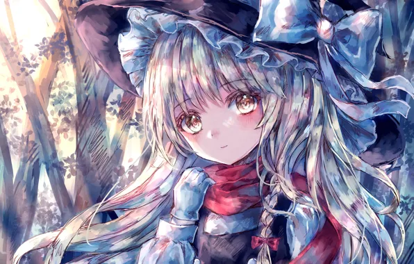 Перчатки, бант, косичка, в лесу, шляпа ведьмы, ведьмочка, Touhou Project, Marisa Kirisame