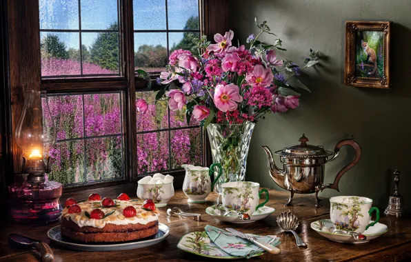 Картинка цветы, стиль, лампа, букет, чайник, окно, чашки, торт
