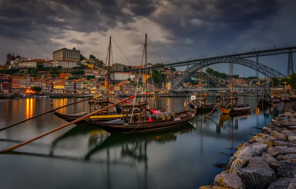 Мост, река, дома, лодки, Португалия, Portugal, Vila Nova de Gaia, Porto