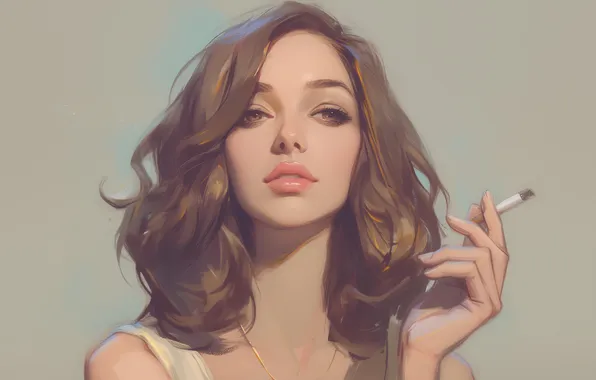 Smoking, long hair, women, face, brunette, portrait, illustration, looking at viewer