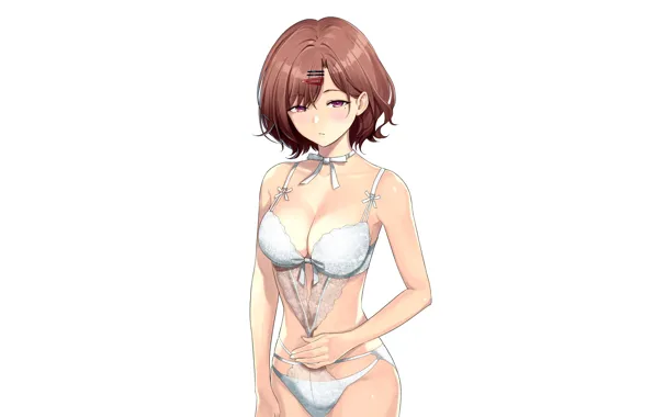Girl, sexy, lingerie, cleavage, bodysuit, brown hair, boobs, anime