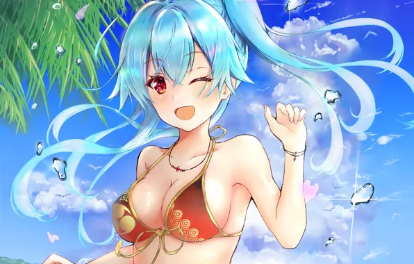 Girl, sexy, cleavage, beach, long hair, sea, boobs, anime