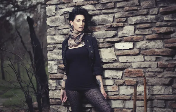 Девушка, стена, модель, брюнетка, girl
