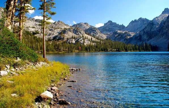 Осень, лес, небо, деревья, горы, озеро, камни