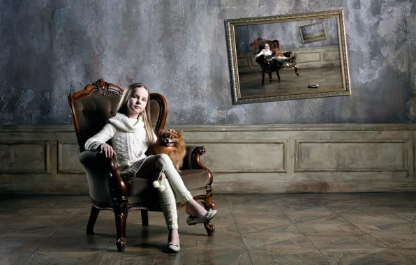 Картинка картина, кресло, девочка, собачка