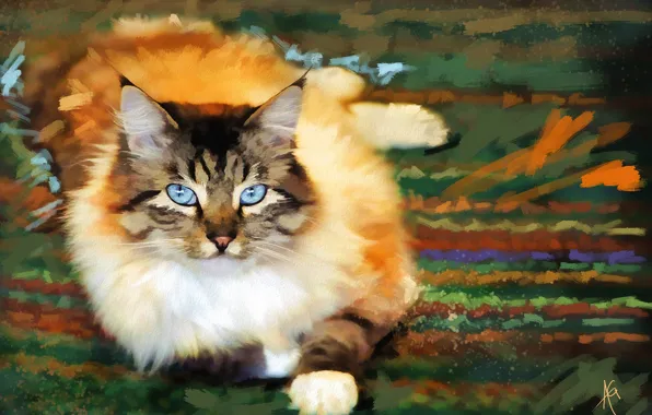 Кот, портрет, картина, акварель, лежит, живопись, смотрит, мазки