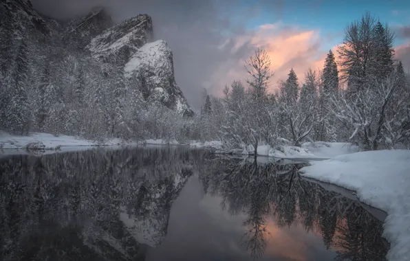 Картинка зима, снег, деревья, отражение, река, гора, Калифорния, California