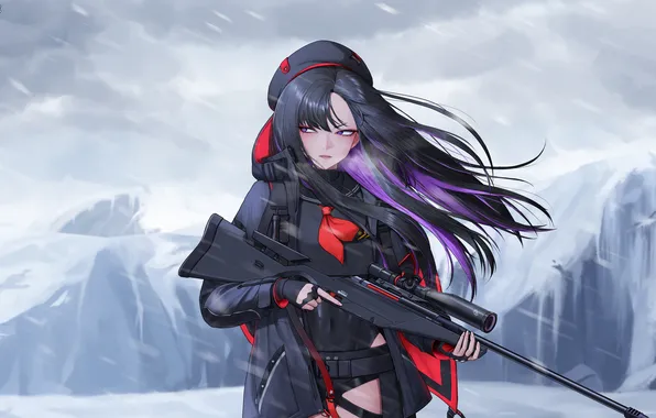 Зима, оружие, ветер, брюнетка, персонаж, sniper, rifle, mobile game