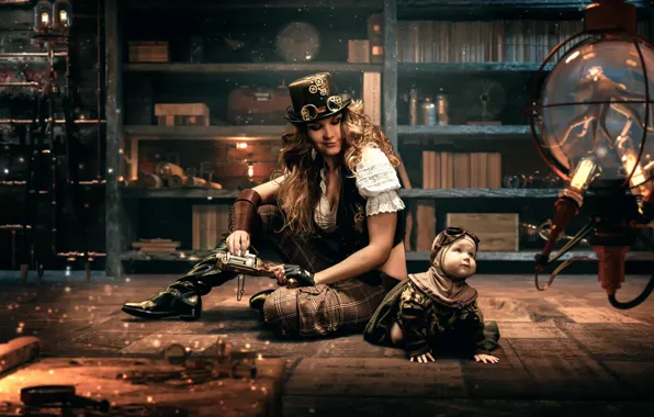 Девушка, комната, семья, стимпанк, steampunk