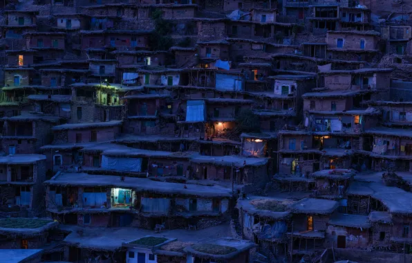 Дома, вечер, деревня, Иран, трущебы, Sar Aqa Seyyed