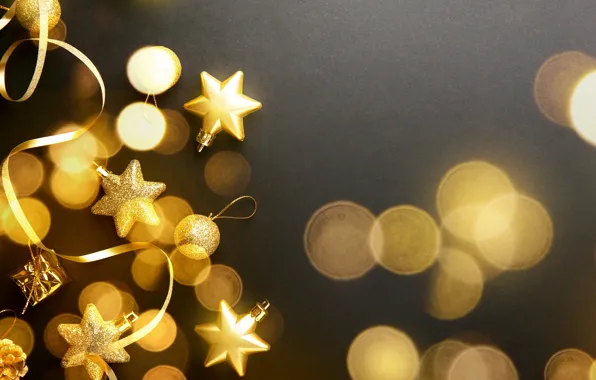 Украшения, шары, Новый Год, Рождество, golden, черный фон, black, Christmas