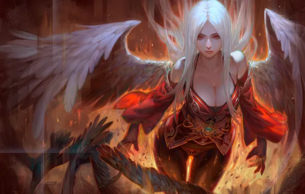 Картинка девушка, фантастика, огонь, крылья, ангел, красные глаза, белые волосы, art
