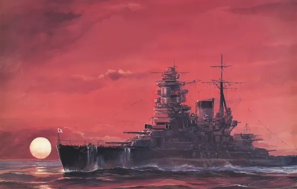 Море, волны, рисунок, корабль, арт, WW2, линейный, ВМФ Японии