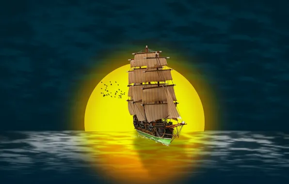 Картинка море, солнце, закат, птица, корабль, парусник