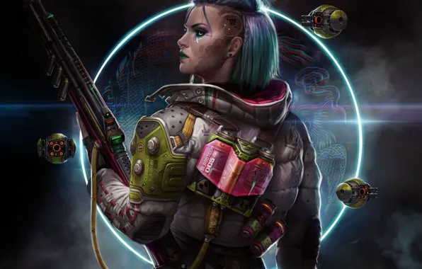 Картинка девушка, оружие, фантастика, тату, профиль, art, cyberpunk, Sci-Fi