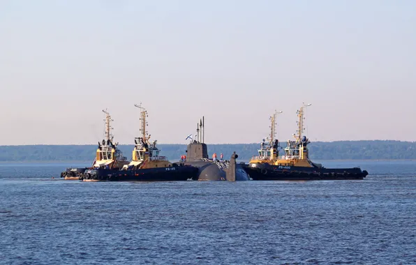 Орел, субмарина, буксиры, постановка на бочки