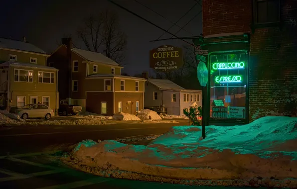 Картинка зима, город, улица, вечер, Ground Hog Cafe, Wappingers Falls, West Main St