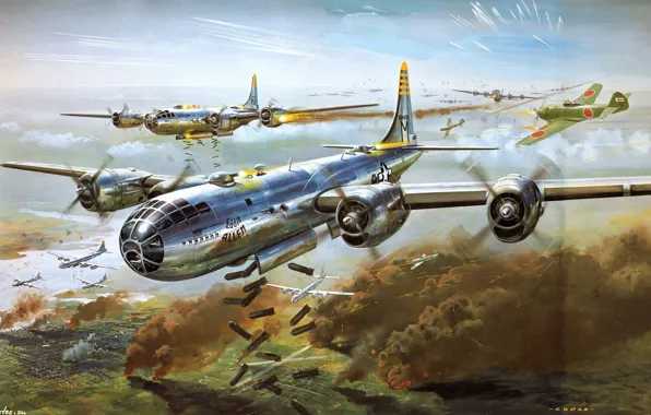 Картинка Япония, истребитель, Boeing, бомбардировщик, Арт, Superfortress, американский, стратегический