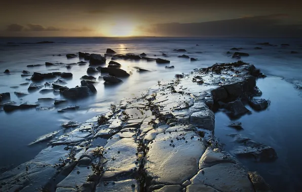 Море, солнце, закат, камни, горизонт