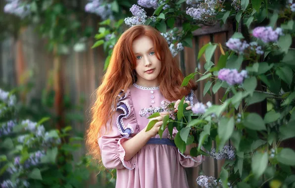 Взгляд, природа, платье, девочка, рыжая, сирень, боке, Бармина Анастасия