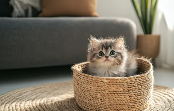 Кошка, взгляд, поза, котенок, серый, комната, диван, малыш