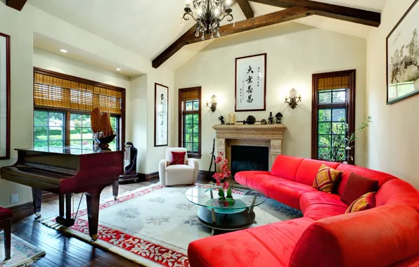 Картинка дизайн, стиль, комната, интерьер, рояль, камин