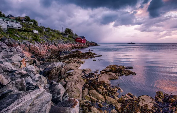Море, небо, вода, дома, Норвегия, Norway, Лофотенские острова, Lofoten