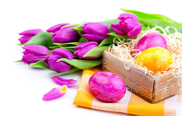 Цветы, праздник, яйца, весна, Пасха, тюльпаны, сиреневые, пасхальные