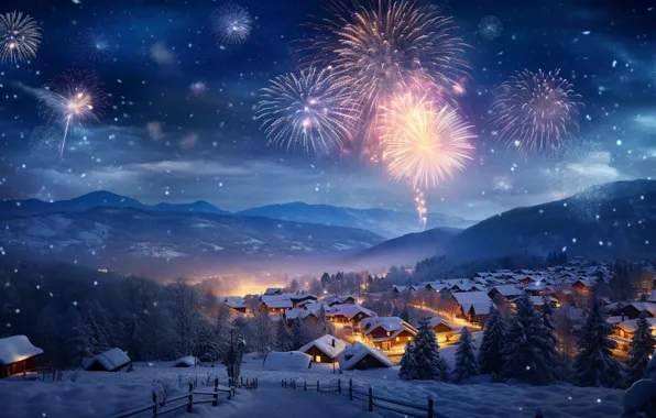 Картинка зима, снег, ночь, lights, салют, Новый Год, деревня, Рождество