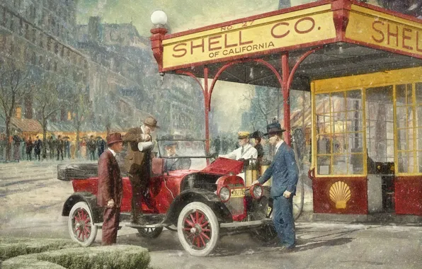 Город, ретро, люди, автомобиль, бензоколонка, 1920, Shell Station