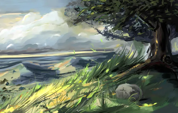 Картинка трава, дерево, ветер, листва, камень, холм, нарисованный пейзаж