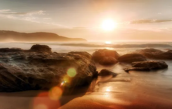 Rock, ocean, sunrise, Sunlight, central coast