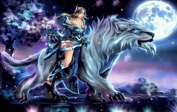 Girl, moon, game, star, armor, sky, night, wolf