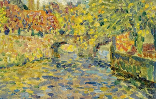 Пейзаж, река, картина, пуантилизм, Henri Le Sedaner, Анри Ле Сиданэ, Мост. Кемпер