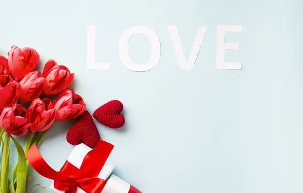 Картинка любовь, праздник, Love, букет, сердечки, тюльпаны, Valentine's day, presents