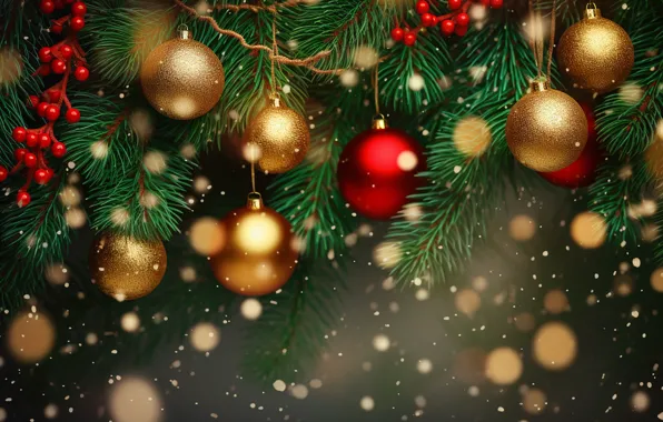 Шарики, шары, Рождество, Новый год, еловые ветки