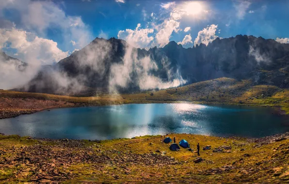 Картинка облака, пейзаж, горы, природа, озеро, Кавказ, туристы, КЧР