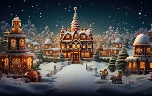 Зима, снег, Новый Год, деревня, Рождество, домики, house, new year