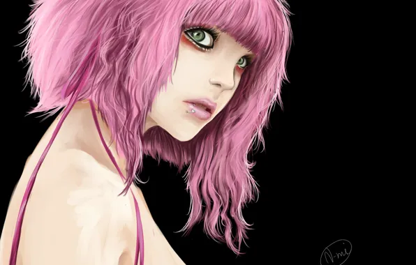 Картинка девушка, темный фон, пирсинг, арт, розовые волосы