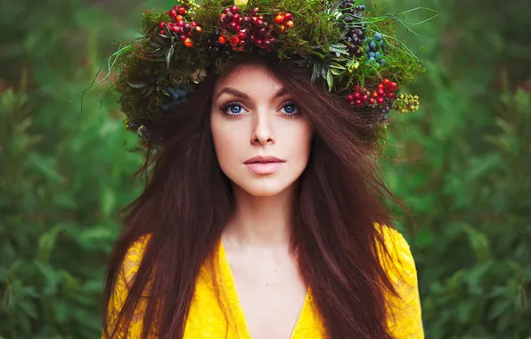 Лето, взгляд, ягоды, портрет, Мария, венок