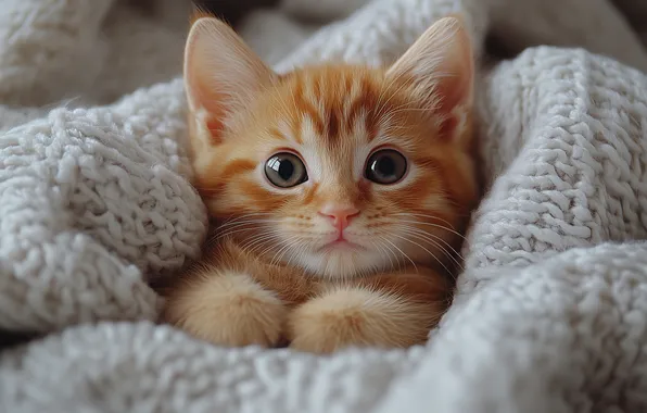 Кошка, взгляд, поза, котенок, лапки, рыжий, лежит, мордашка