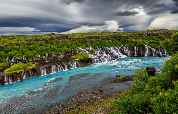 Картинка деревья, природа, скала, река, водопад, каскад, Исландия