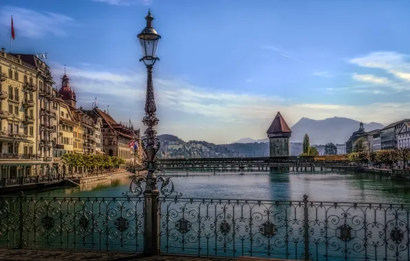 Река, здания, башня, дома, Швейцария, фонарь, мосты, Switzerland