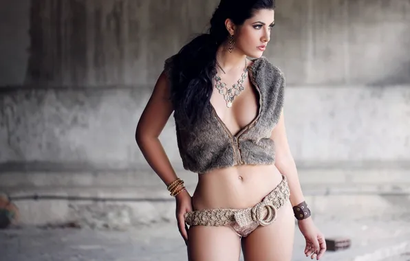 Lingerie, brown eyes, breasts, shadow, black hair, brick, necklace, earring