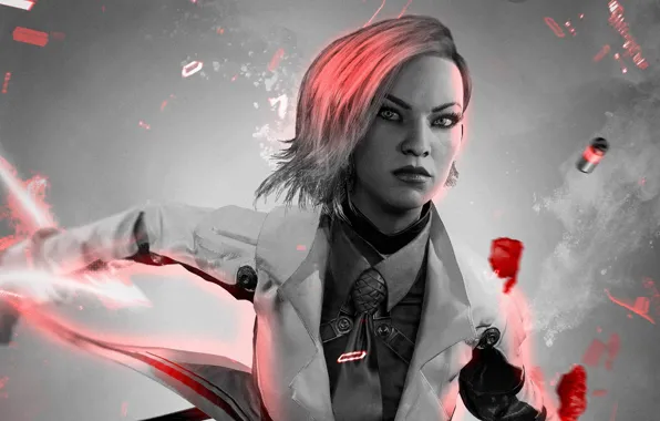 Red, girl, glass, game, woman, blonde, suit, uniform