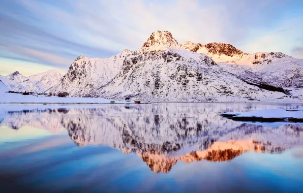 Картинка зима, небо, снег, отражения, горы, Норвегия, Flakstadøya Fjord