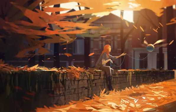Осень, листья, девушка, деревья, парк, улица