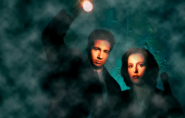 Картинка David Duchovny, фонарики, Gillian Anderson, Секретные материалы, The X Files