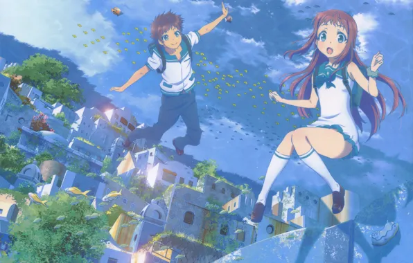 Рыбки, дома, подводный мир, друзья, школьники, слизняк, Nagi no Asukara, Hikari Sakishima