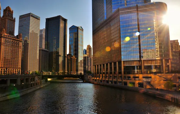 City, река, дома, вечер, Чикаго, Chicago